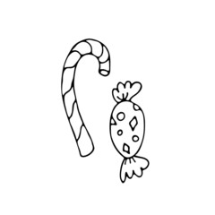 Two doodle candy lollipops, hand-drawn. A symbol of sweet life, Christmas, New Year, childhood, Birthday, holidays. Vector illustration for advertising, menu, candy store.