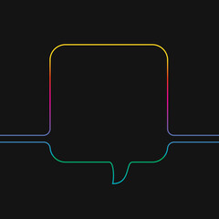 One line drawing of square speech bubble, Rainbow colors on black background vector minimalistic linear illustration made of continuous line