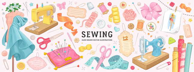 Vector hand drawn sewing retro set. Collection of highly detailed hand drawn sewing tools isolated on background
 - obrazy, fototapety, plakaty