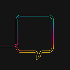 One line drawing of square speech bubble, Rainbow colors on black background vector minimalistic linear illustration made of continuous line