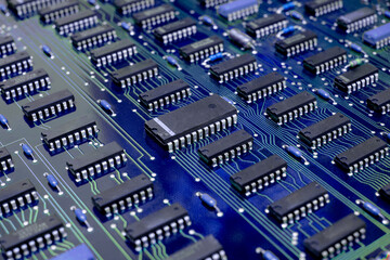 Closeup Electronic circuit board ( PCB )components detail and An integrated circuit (ic)