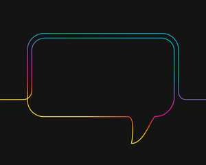 One line drawing of rectangular speech bubble, Rainbow colors on black background vector minimalistic linear illustration made of continuous line