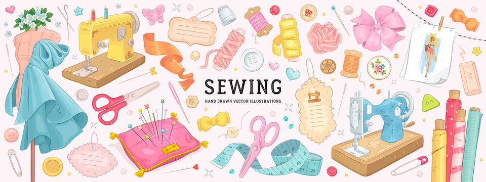 Vector hand drawn sewing retro set. Collection of highly detailed hand drawn sewing tools isolated on background
