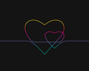 One line drawing of two hearts, Rainbow colors on black background vector minimalistic linear illustration of love concept made of continuous line