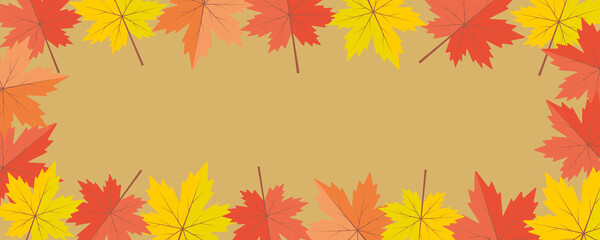 Colourful maple leaves on brown background. Autumn banner concept. Illustration template for autumn banner sale, card, ad, poster, frame, leaflet. Space for the text. Design style.