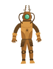 Steampunk fashion technology, fantasy vintage illustration with cartoon man in steampunk robot costume. Steam punk invention. People character with mechanical element