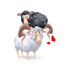 Cute and Funny Two Black and White Sheep Characters in Love. Cartoon Illustration of Pair Lovers Sheeps with Red Hearts on White Backdrop. Perfect Template for Greeting Valentines Day Card