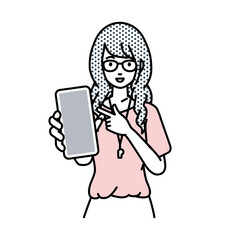 立ってスマートフォンを指差してこちらに向けて見せている教師の女性