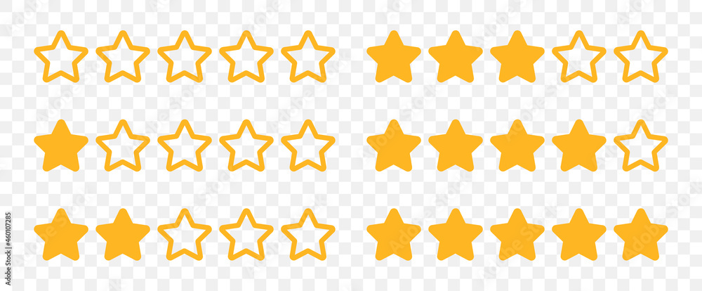 Aufkleber rating stars from 0-5 rate review icon set vector on transparent background.