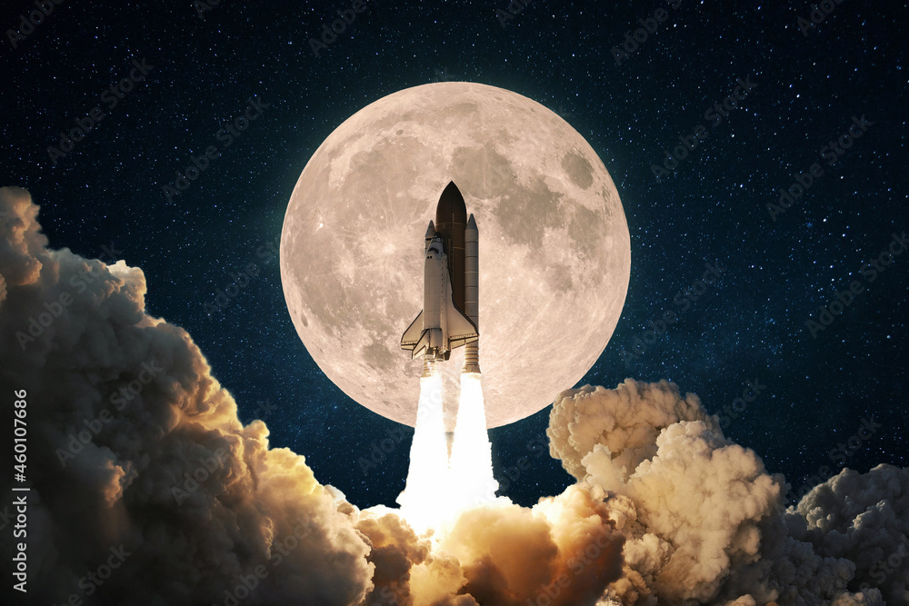 Poster new space rocket with smoke and clouds takes off into the sky with full moon. shuttle spaceship lift