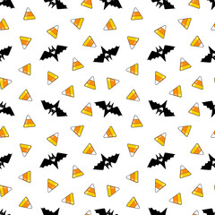 Seamless vector pattern about Halloween. Background with bats and sweets. Digital ornament for decoration, design, wrapping paper, fabrics and more.