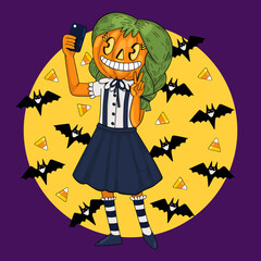 Vector Halloween character. Pumpkin teenager girl smiles and makes selfie. Digital illustration for jewelry, designs, cards, stickers, prints and more.