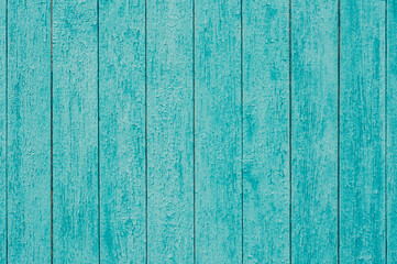Fototapeta na wymiar The background is wooden in a bright turquoise color in a vintage style. Wood surface texture, horizontal background.