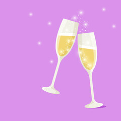 Champagne glasses in yellow on a lilac background. Party, Christmas. Birthday party.