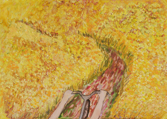 Riding a bike on a path surrounded by agricultural thick grain field. Background abstract acrylic painting. First person view
