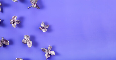 Silvery flowers on a blue background top view, modern blue winter background with copy space for...
