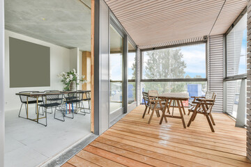 Balcony and dining room interior in modern house