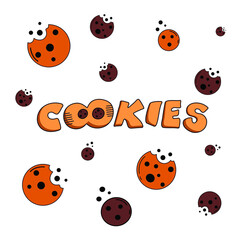 Cookies illustration with a logo, kids cartoon style pattern, cookies with the chocolate chip, hand lettering, vector illustration. Bitten cookies. Cartoon Style for a card, packaging, Banner, Flyer, 