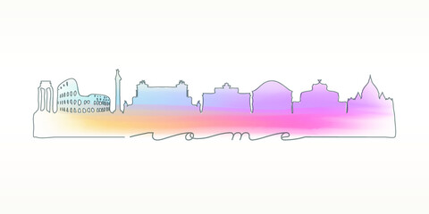 Naklejka premium Rome, Metropolitan City of Rome, Italy Skyline Watercolor City Illustration. Famous Buildings Silhouette Hand Drawn Doodle Art. Vector Landmark Sketch Drawing.
