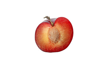 Half ripe plum isolated on white background