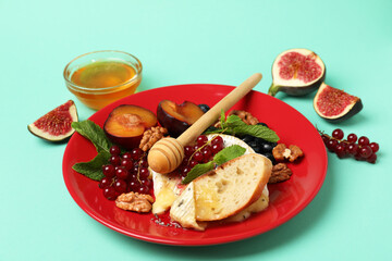 Concept of tasty food with grilled camembert on mint background