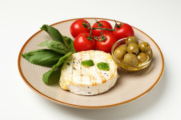Concept of tasty food with grilled camembert on white background