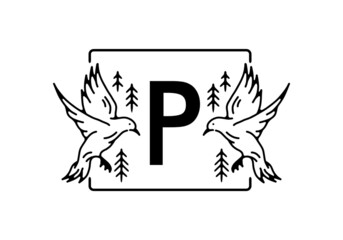 Black color of bird line art with P initial letter