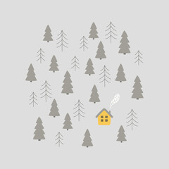 Vector winter forest composition - house, spruce, pine