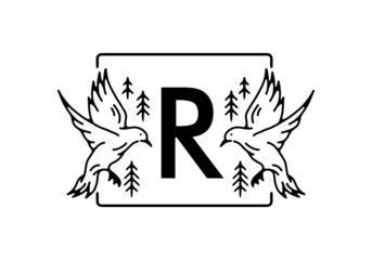 Black color of bird line art with R initial letter