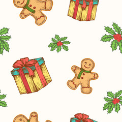 Christmas Hand Drawn Vector Seamless Background Pattern. Gift Box, Ginger Cookie Man and Mistletoe Sketches Card or Cover Template. Holiday Decoration Wallpaper for Wrapping Paper or Textile Print