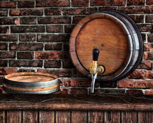 wooden bar counter with beer barrel in the background