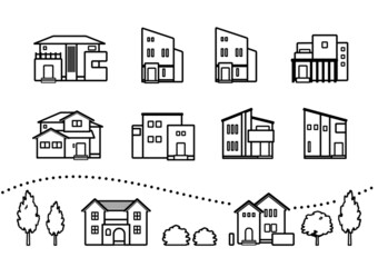 シンプルでモダンな家のイラストセット（線画）
