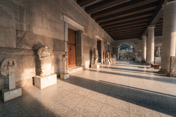 The column and statues at Stoa of Attalos, in Ancient Agora of Athens