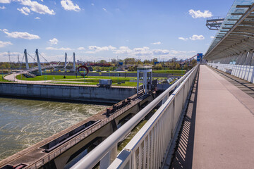 Obraz premium View from Hydro Power plant Freudenau on a Danube River in Vienna city, Austria