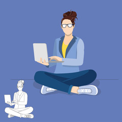 Beautiful cheerful young businesswoman working on laptop. Online education, Lady multitasking business busy, businesswoman manager Flat vector illustration