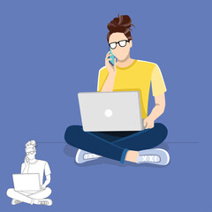 Beautiful cheerful young businesswoman working on laptop and talk on the phone
. Online education, Lady multitasking business busy, businesswoman manager Flat vector illustration