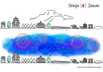 滋賀県の観光地の街並みと花火のシンプル線画セット