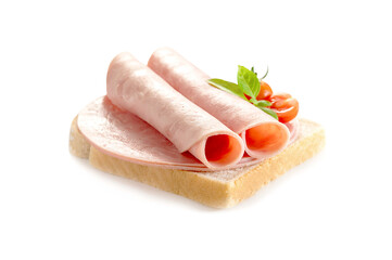 Slices of ham on sandwich bread, isolated on a white background