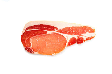 One raw uncooked slice of bacon isolated on white background