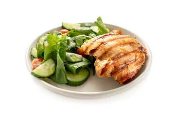 Healthy food, low carb diet. Grilled chicken meat and fresh salad in a plate, isolated on white, top view