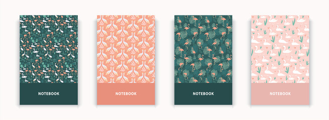 Collection 4 notebook cover birds flamingos swans cranes monstera leafs cover design page repeat pattern. green orange pink white