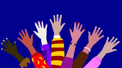Diverse young people hands on isolated background. Teenager hand group with raised arm for celebration or friend community concept. Flat cartoon illustration of men and women arms.
