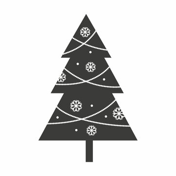  Christmas tree icon with snowflake, garland. Isolated on white background. Vector illustration