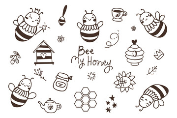 Cute bees with flowers and honey elements hand drawn vector set. .Doodle clipart, hive, honeycomb, pot, spoon, beekeeping, Text phrases..Flying bee illustration isolated on white background.
