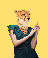 Contemporary artwork, conceptual collage. Woman headed by cheetah's head. Trendy colors.