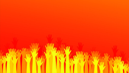 Waving hands on rising sun background vector illustration. Friendship, volunteer, greeting and acquaintance flat concept, hands in a welcoming pose. Raised arms on orange background.