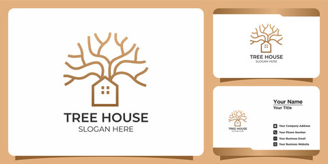 Set of hand drawn modern tree house template logos and business cards