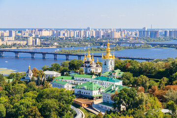 View of Kiev Pechersk Lavra (Kiev Monastery of the Caves) and the Dnieper river in Ukraine. View from Great Lavra Bell Tower