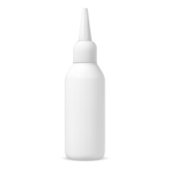 Dye hair color plastic bottle mockup. Glue tube with dropper isolated on white background. Premium hair essence flask, medical collagen. Essential oil packaging. Eye care or nasal spray