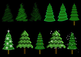 Obraz premium Collection of Christmas fir trees, different forms of Christmas trees, snowy. ideal for Christmas compositions, stickers and landscapes